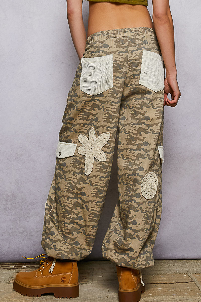 Camo & Crochet Pleated Twill Pants