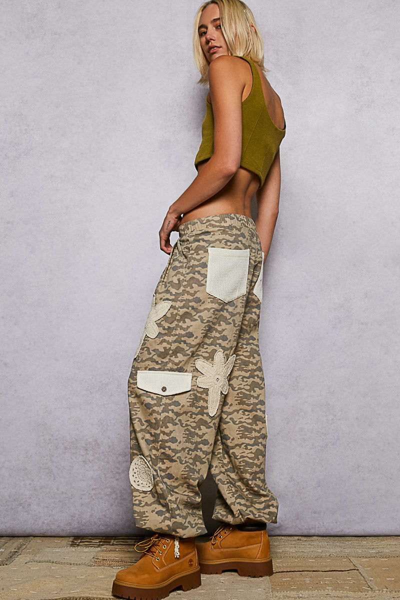 Camo & Crochet Pleated Twill Pants