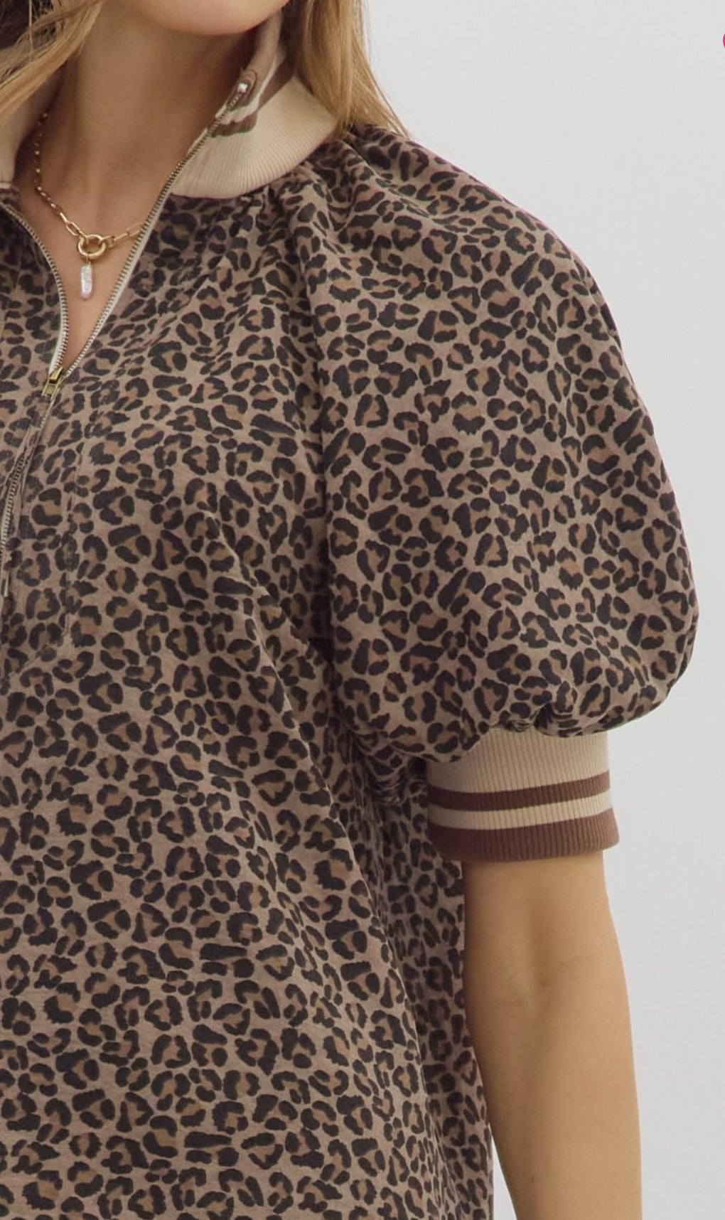Women’s Leopard Print Puff Sleeve Half-Zip Top
