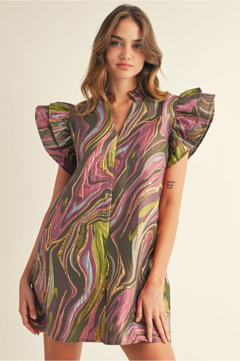 Stort Layered Ruffled Sleeve Abstract Dress