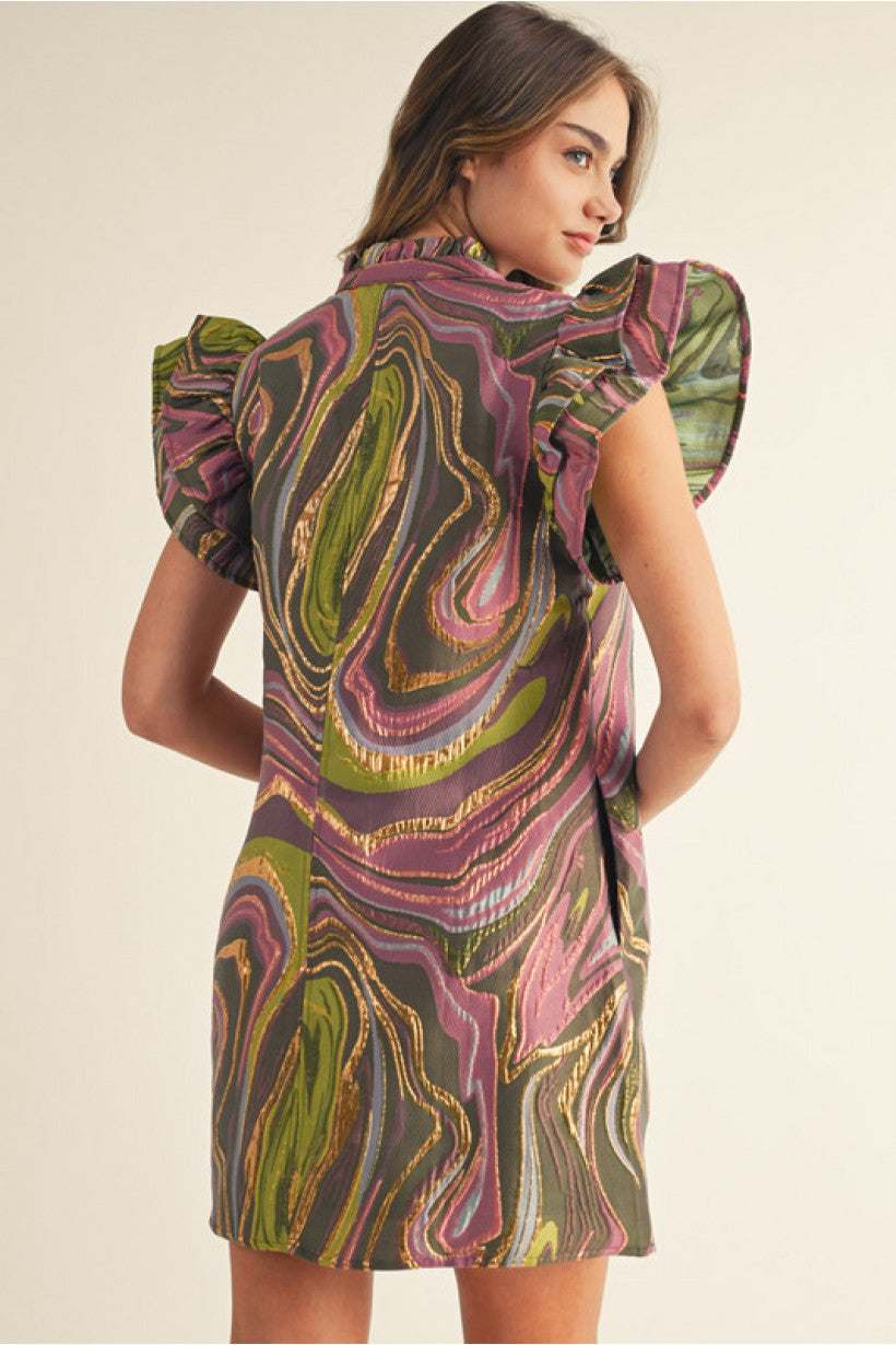 Stort Layered Ruffled Sleeve Abstract Dress