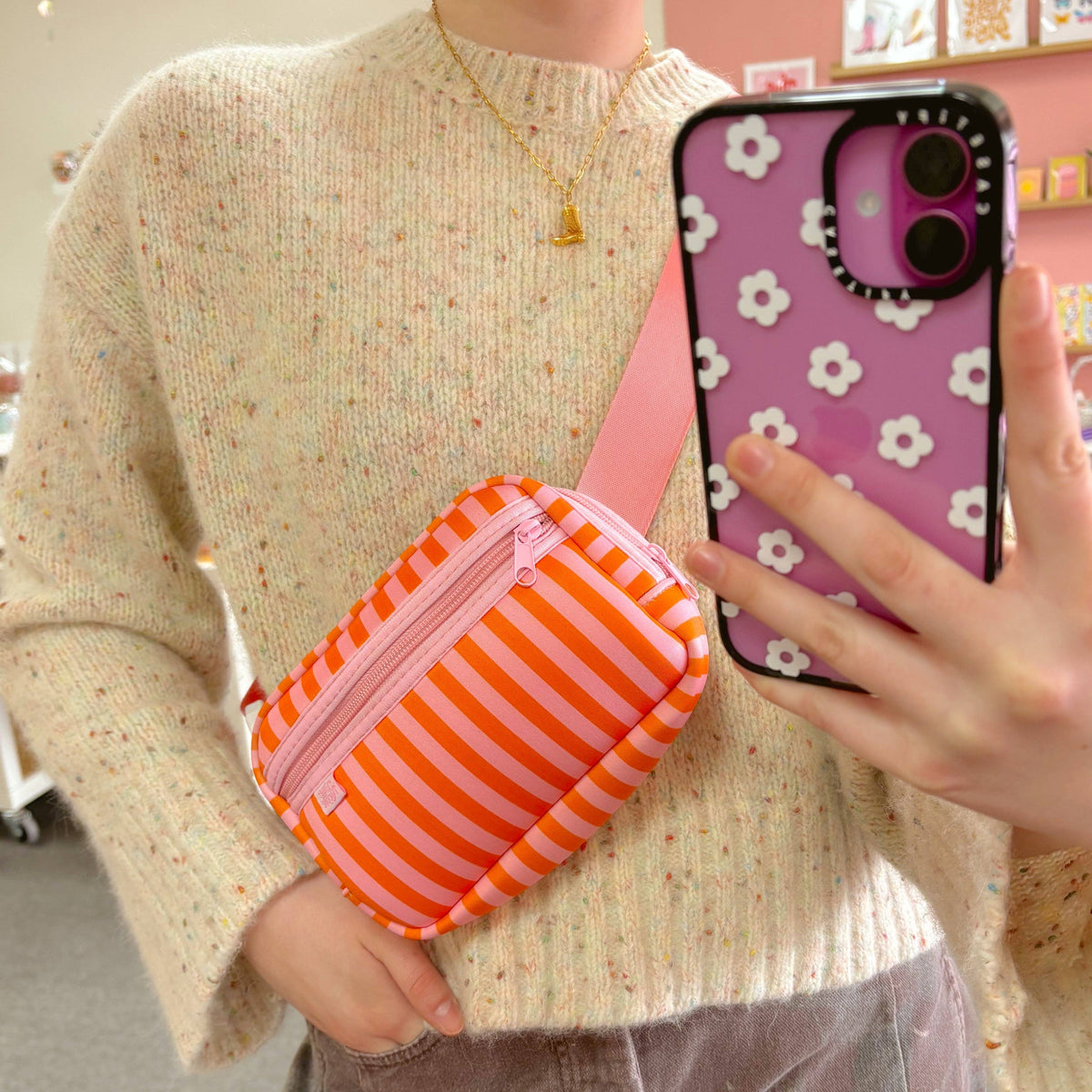 Crossbody Bag - Pink & Orange Stripes - Belt Bag