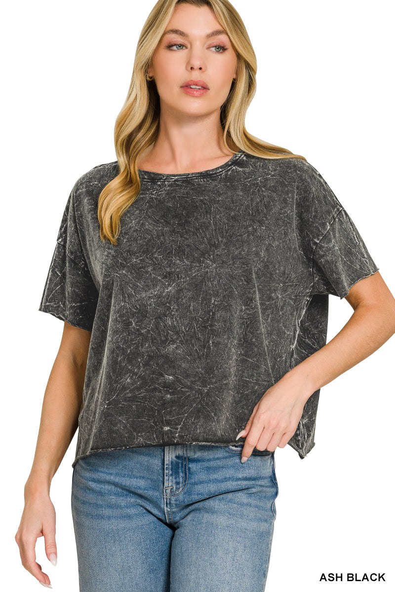 Zenana-CRINKLE WASHED CREW NECK SHORT SLEEVE CROP BOX TEE