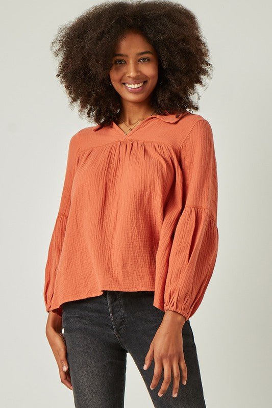 Stitch Detail Open Collar Top