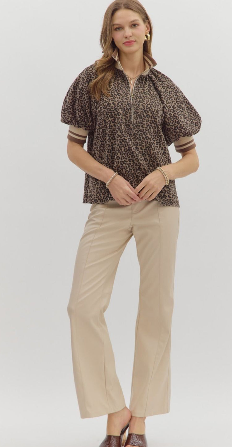 Women’s Leopard Print Puff Sleeve Half-Zip Top