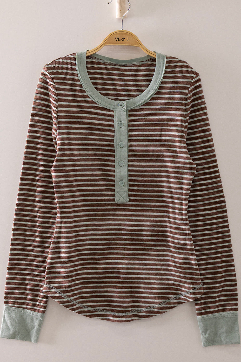 Very J-Striped Ribbed Henley Long Sleeve Top