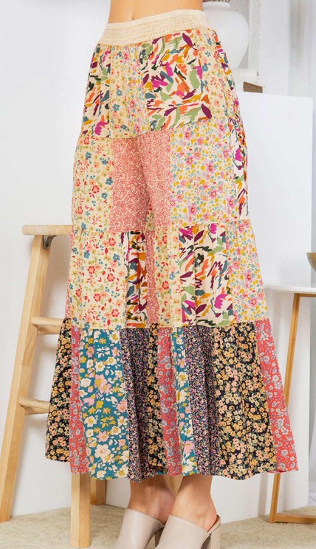 Boho Patchwork Wide Leg Pants – Latte