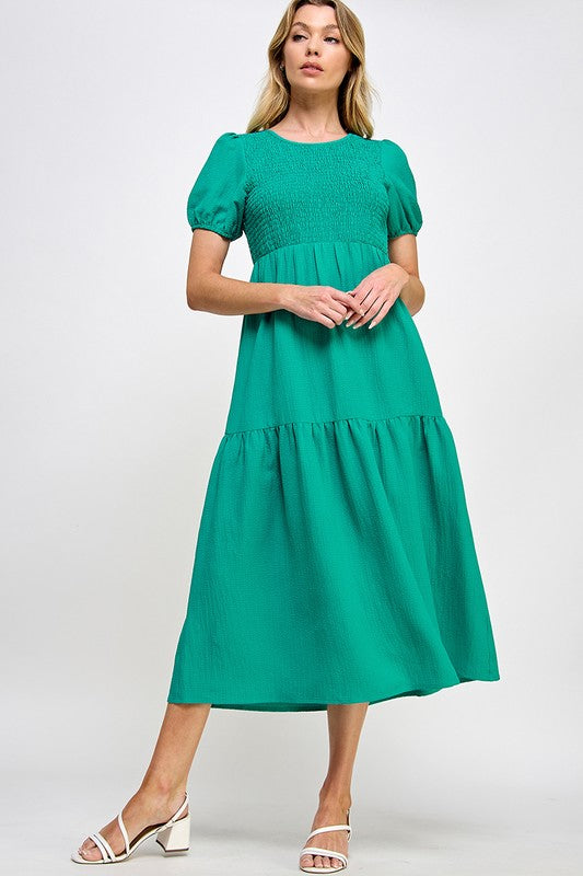 Puff Sleeves Tiered Midi Dress-Green