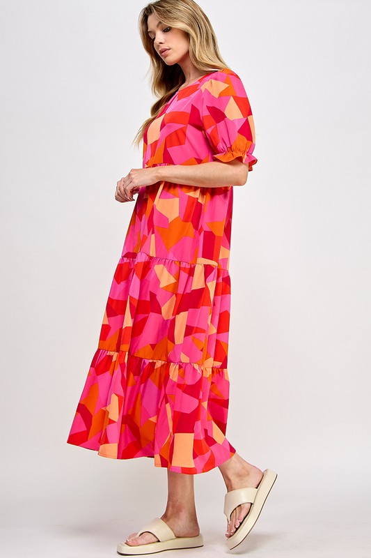 Geometric Pattern Puff Sleeves Dress