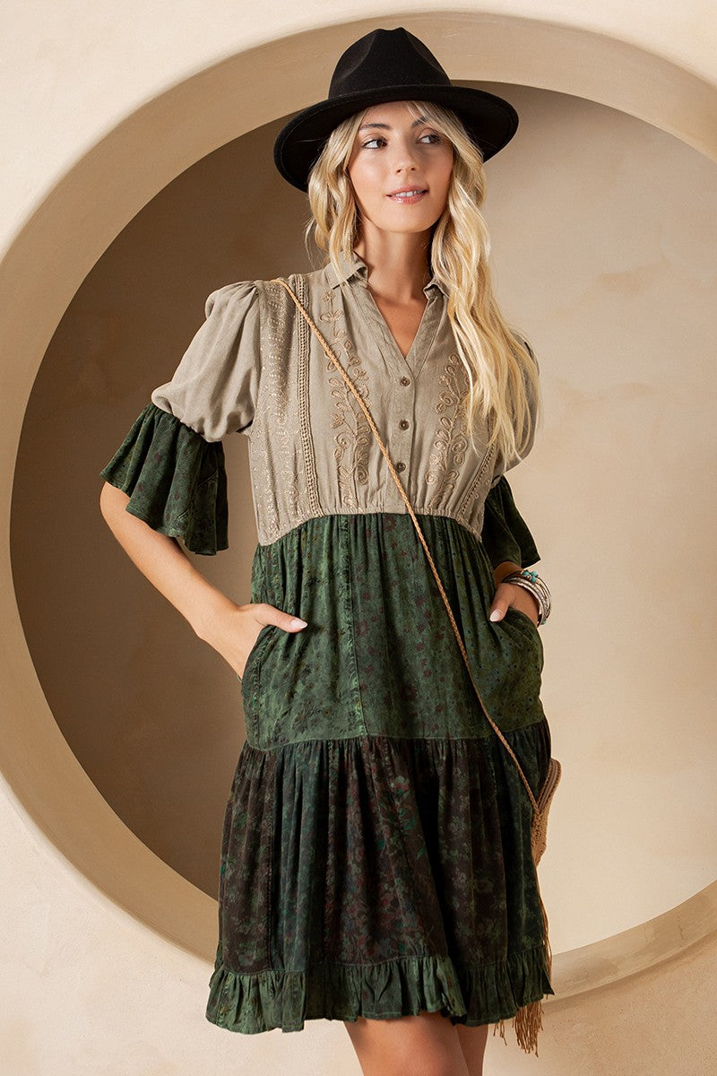 Boho Embroidered Patchwork Tiered Dress