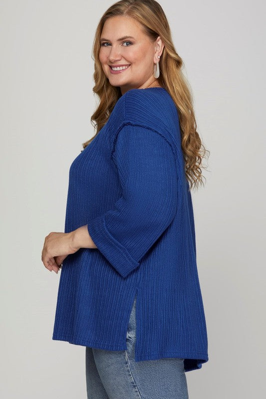 Plus 3/4 Folded Sleeve Knit Top
