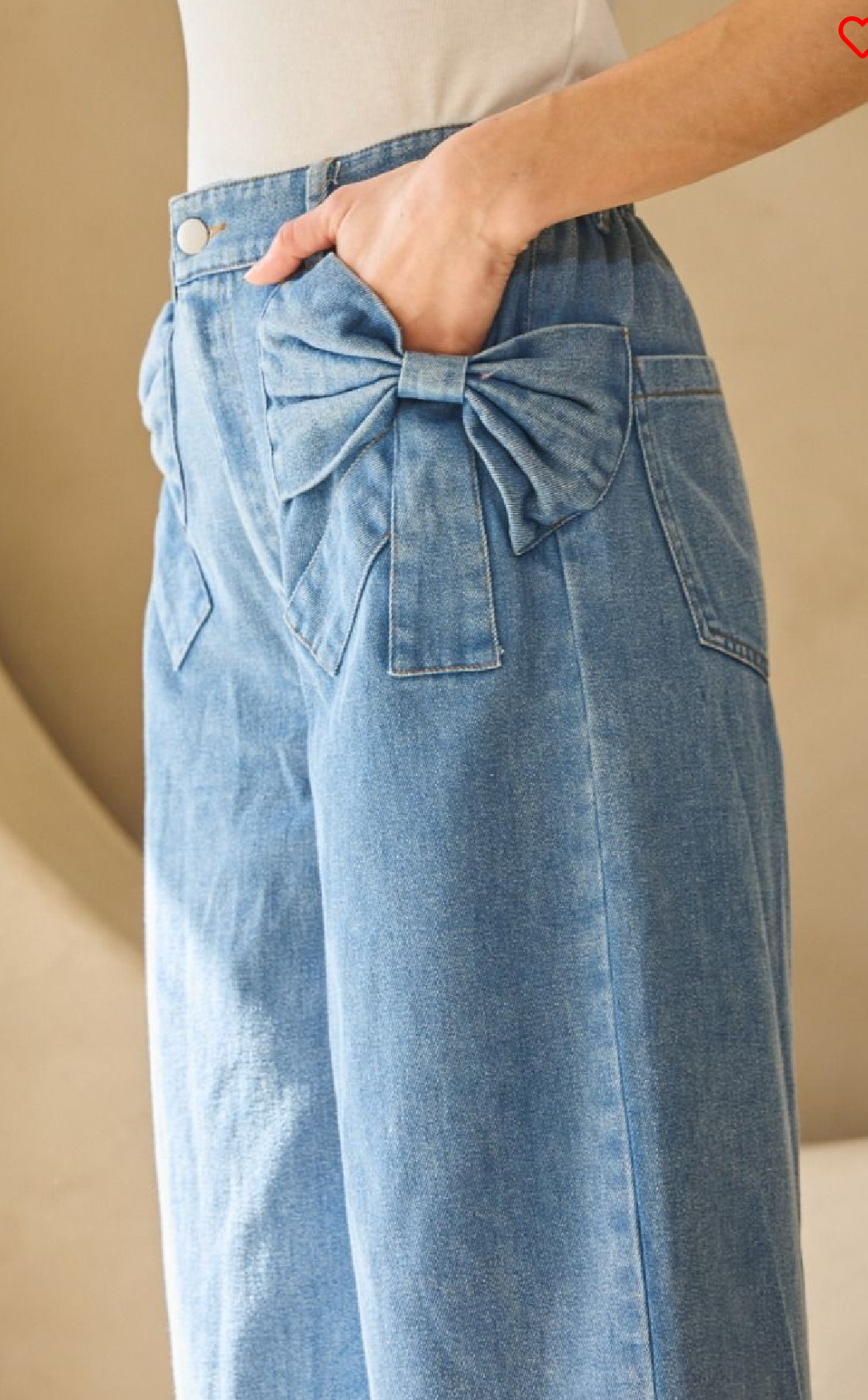 Washed denim wide leg denim pants with bow detailed pocket