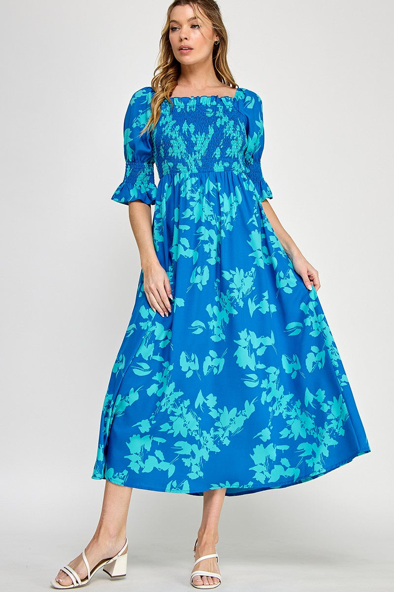 Leaf Print Shirred A Line Maxi Dress
