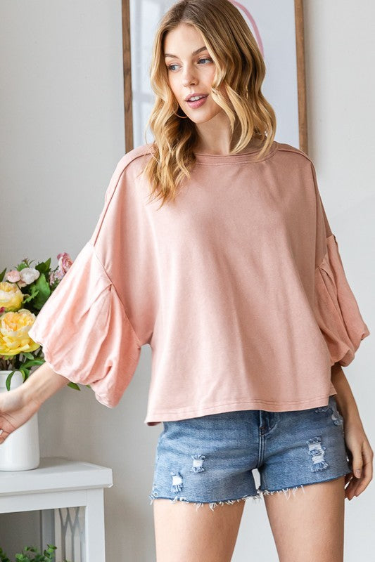 Washed Bubble Sleeve Knit Top