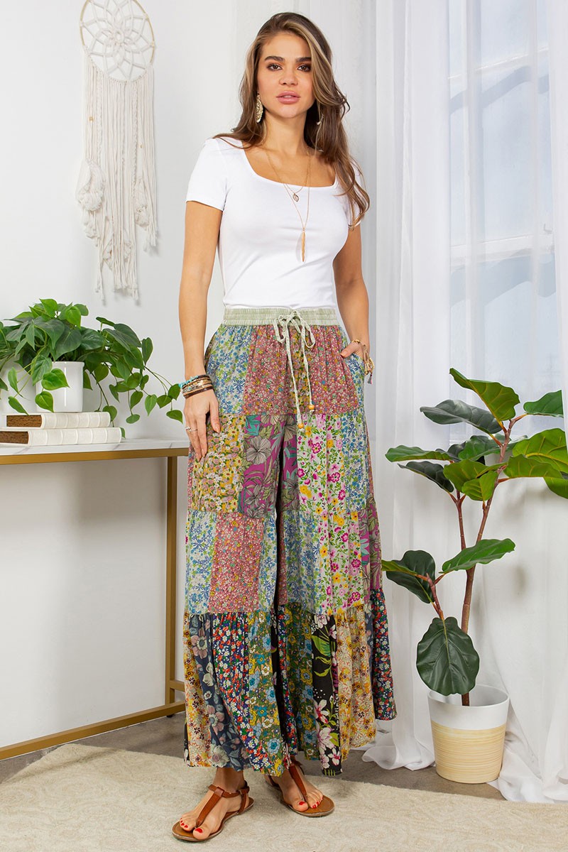 Boho Patchwork Wide Leg Pants – Latte