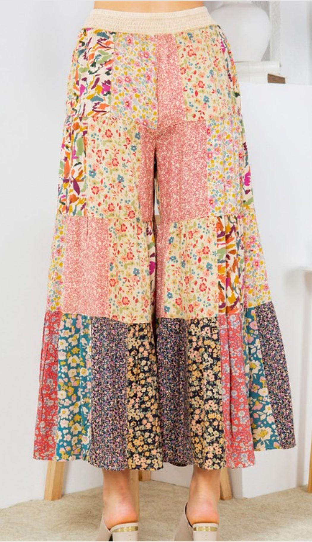 Boho Patchwork Wide Leg Pants – Latte