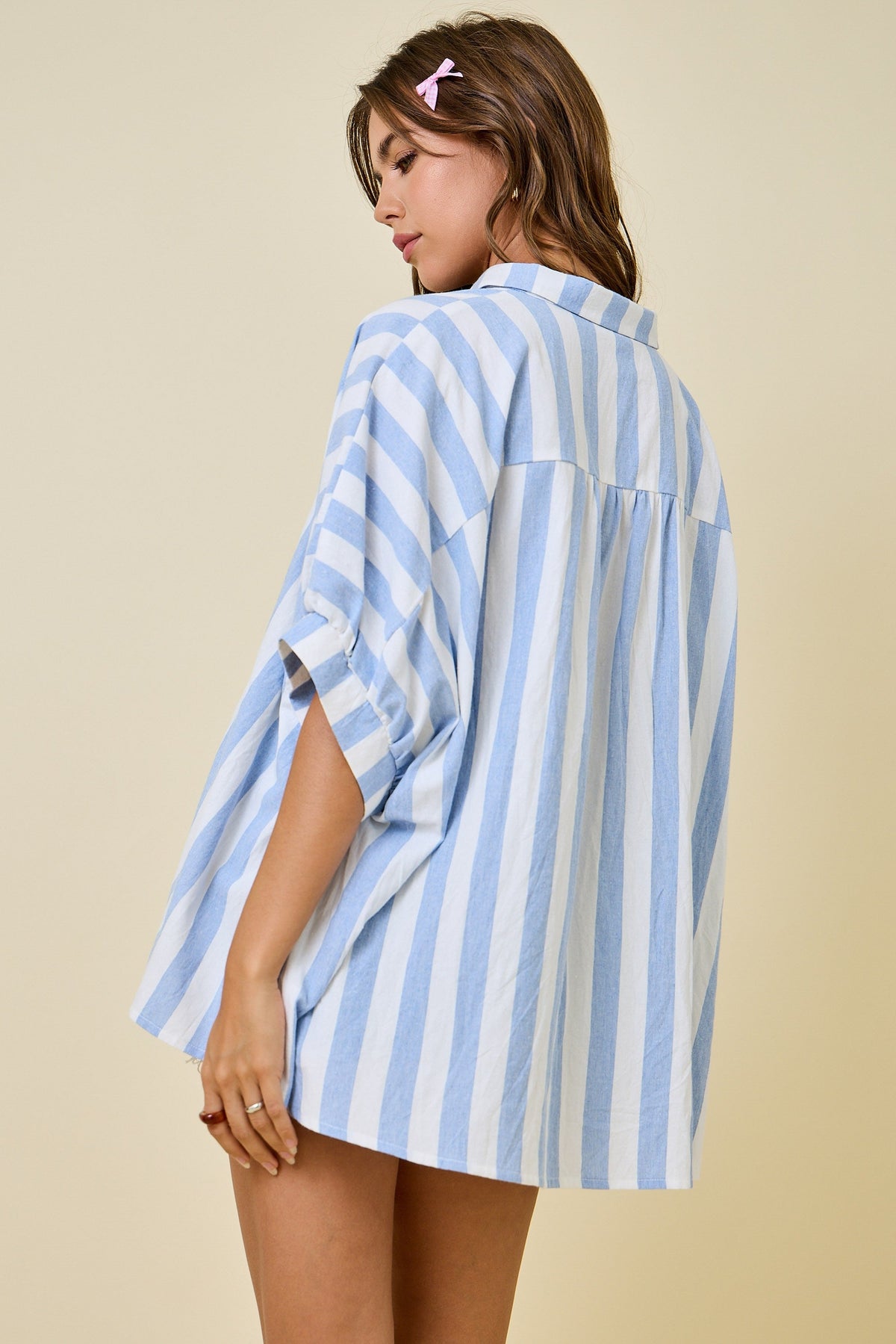 Light Blue Wide Stripe Oversized Button Down Top