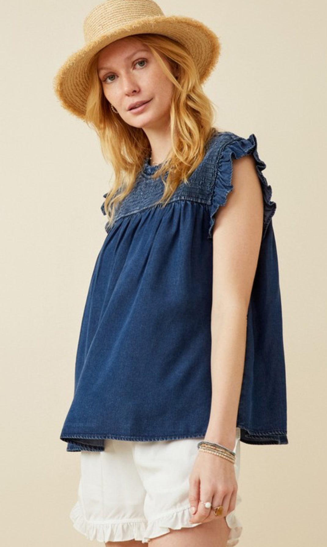 Women’s Washed Denim Smocked Tank