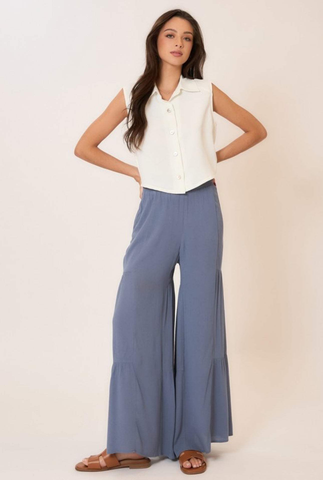 Smocked Waist Tiered Wide Leg Pants with Pockets