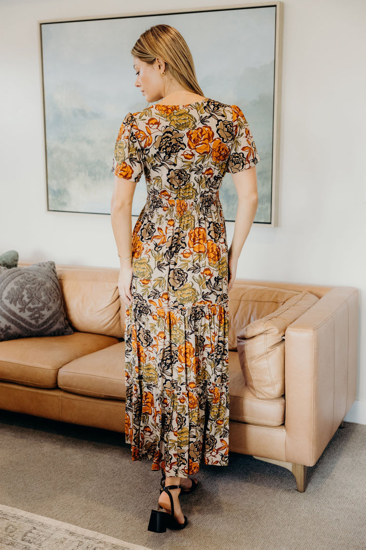 Fall Floral Maxi Dress – Eden in Autumn Petalwork with Flattering Smocked Waist