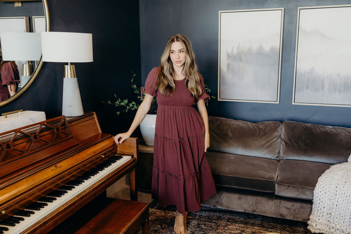 Mikarose Merritt Midi Dress – Modest Fit & Flare Short Sleeve Style