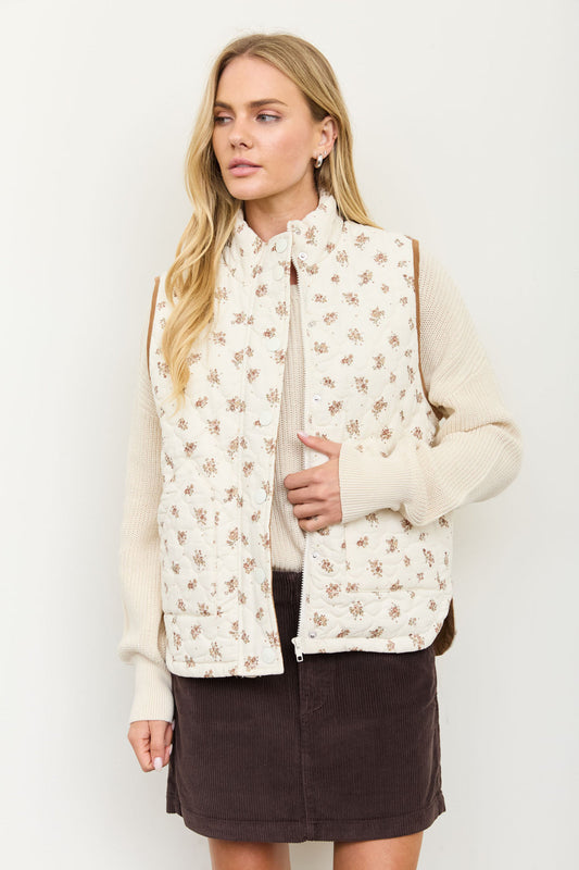 Blu Pepper-FLORAL QUILTED ZIP-FRONT MOCK NECK VEST