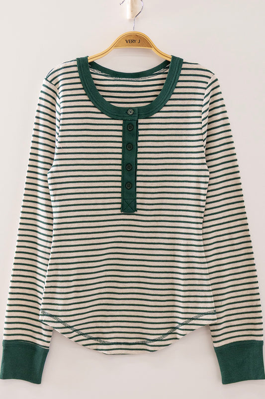 Very J-Striped Ribbed Henley Long Sleeve Top