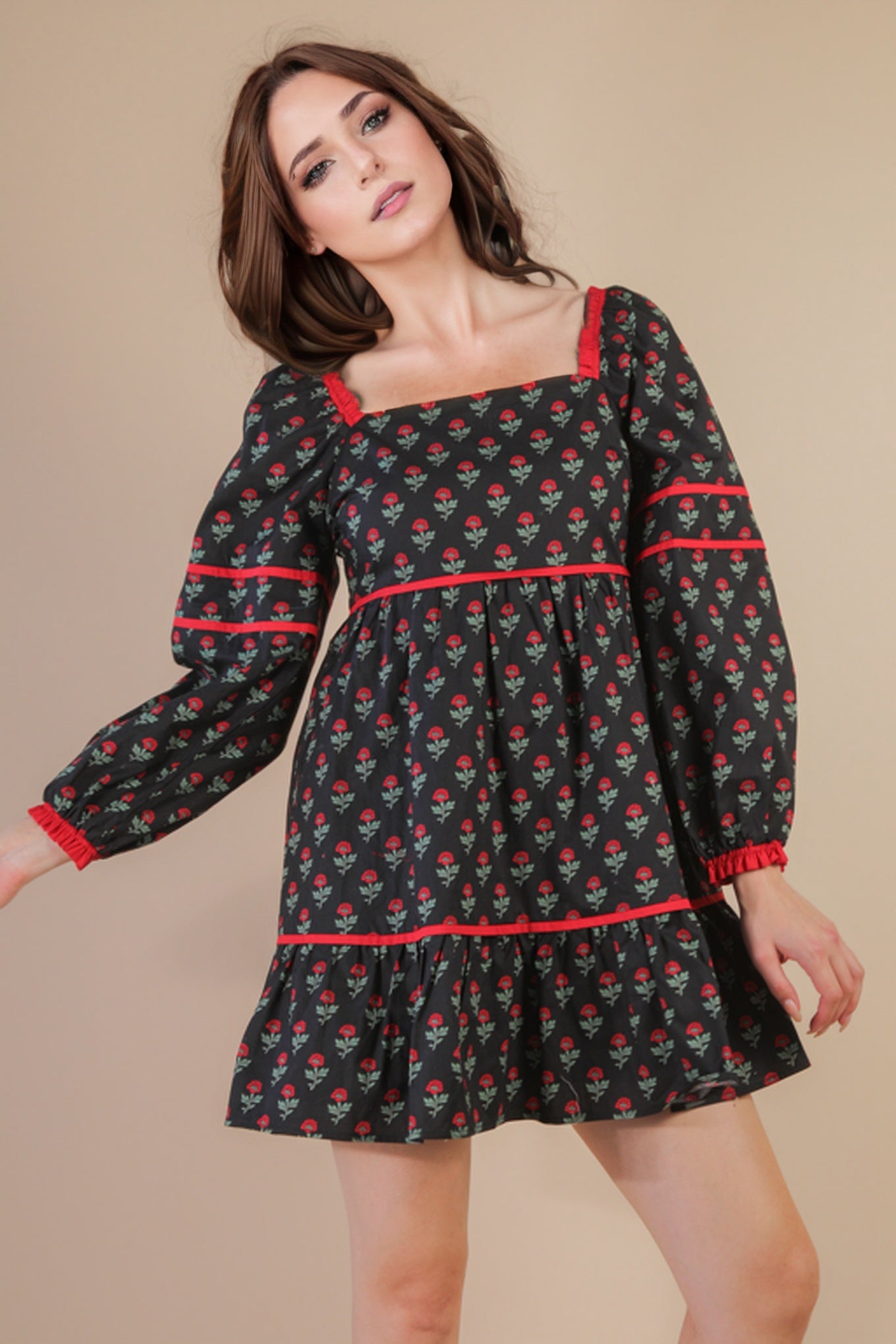 Printed Ruffle Detail Mini Dress