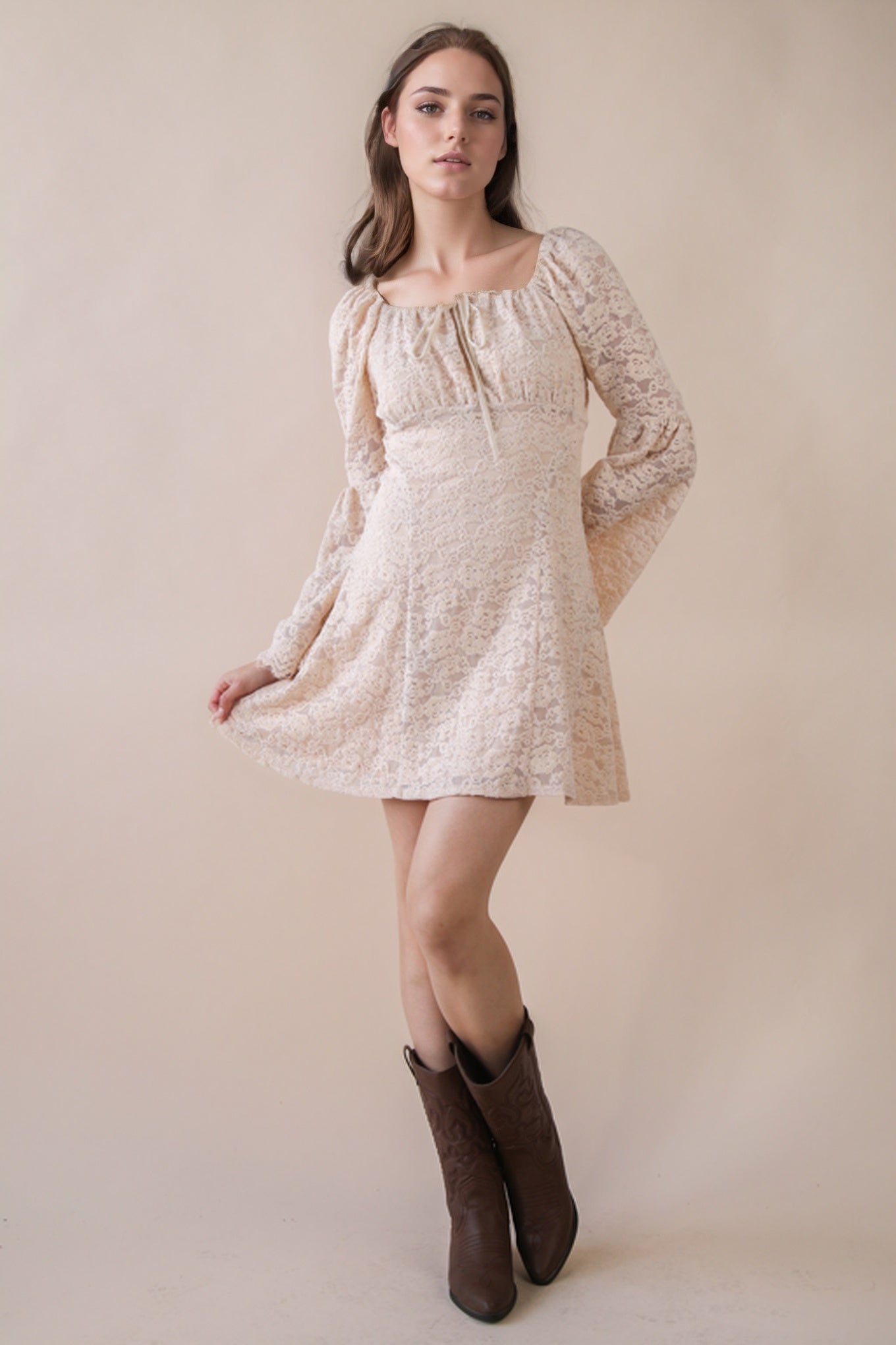 Textured Lace Bell Sleeve Mini Dress