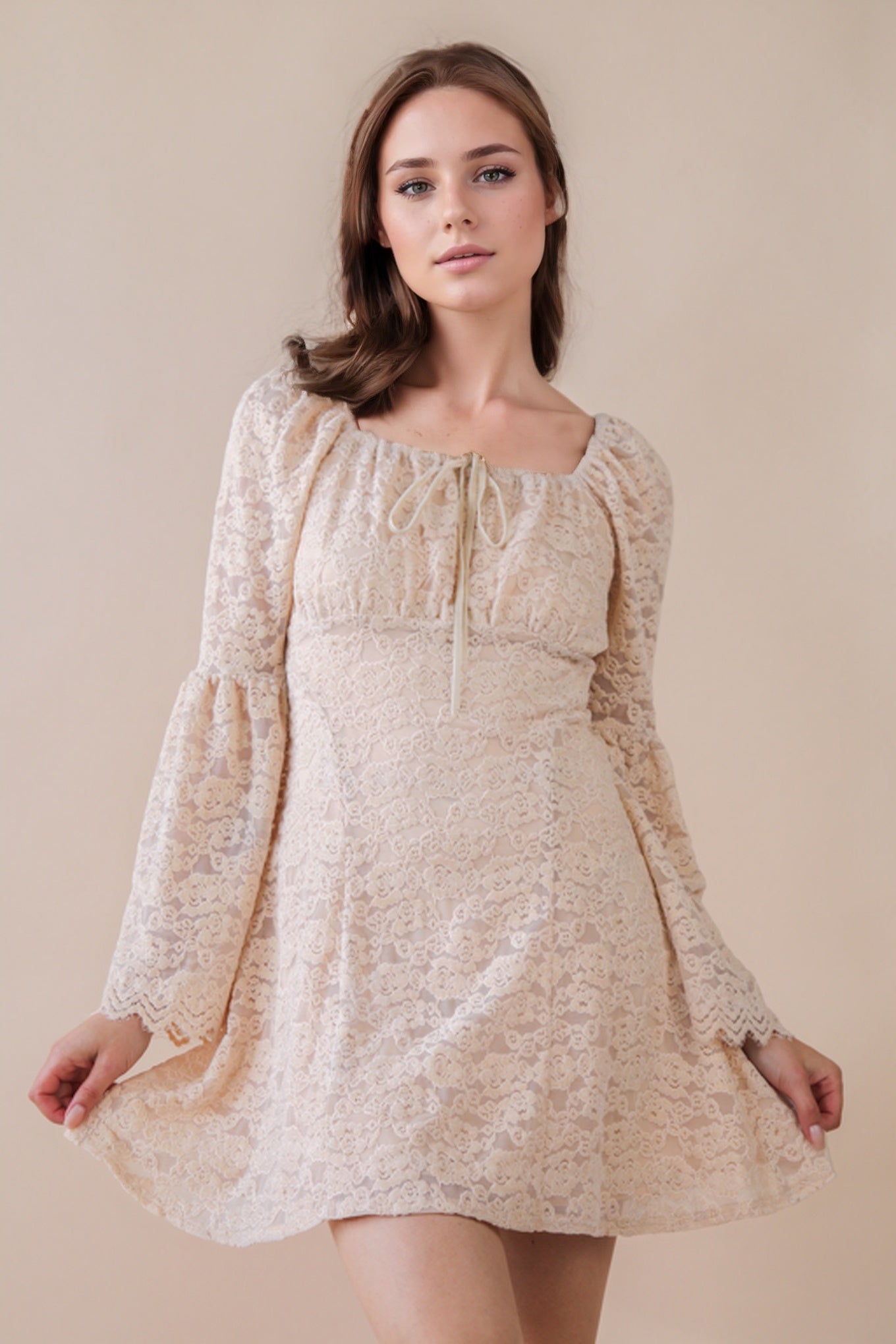 Textured Lace Bell Sleeve Mini Dress