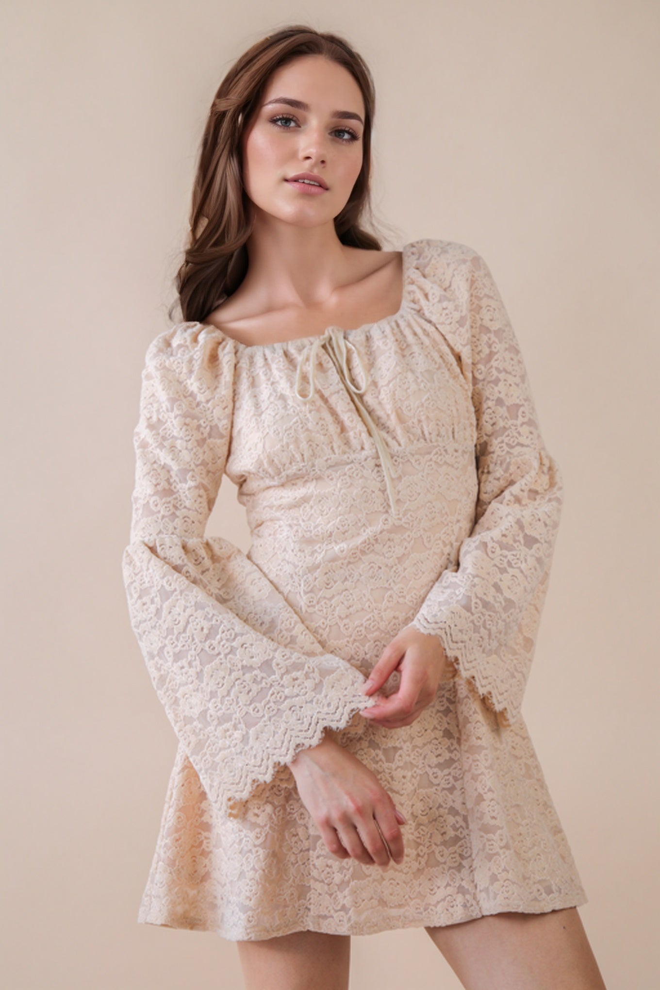 Textured Lace Bell Sleeve Mini Dress