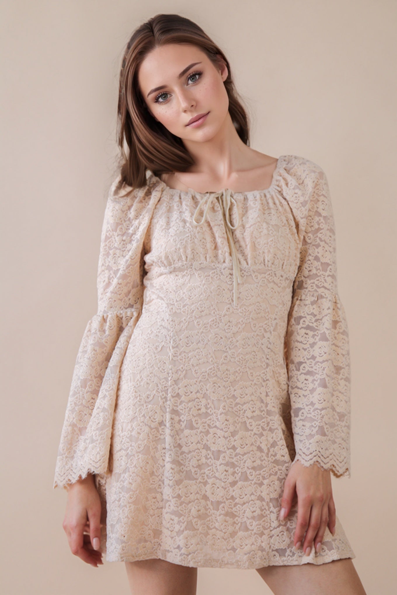 Textured Lace Bell Sleeve Mini Dress