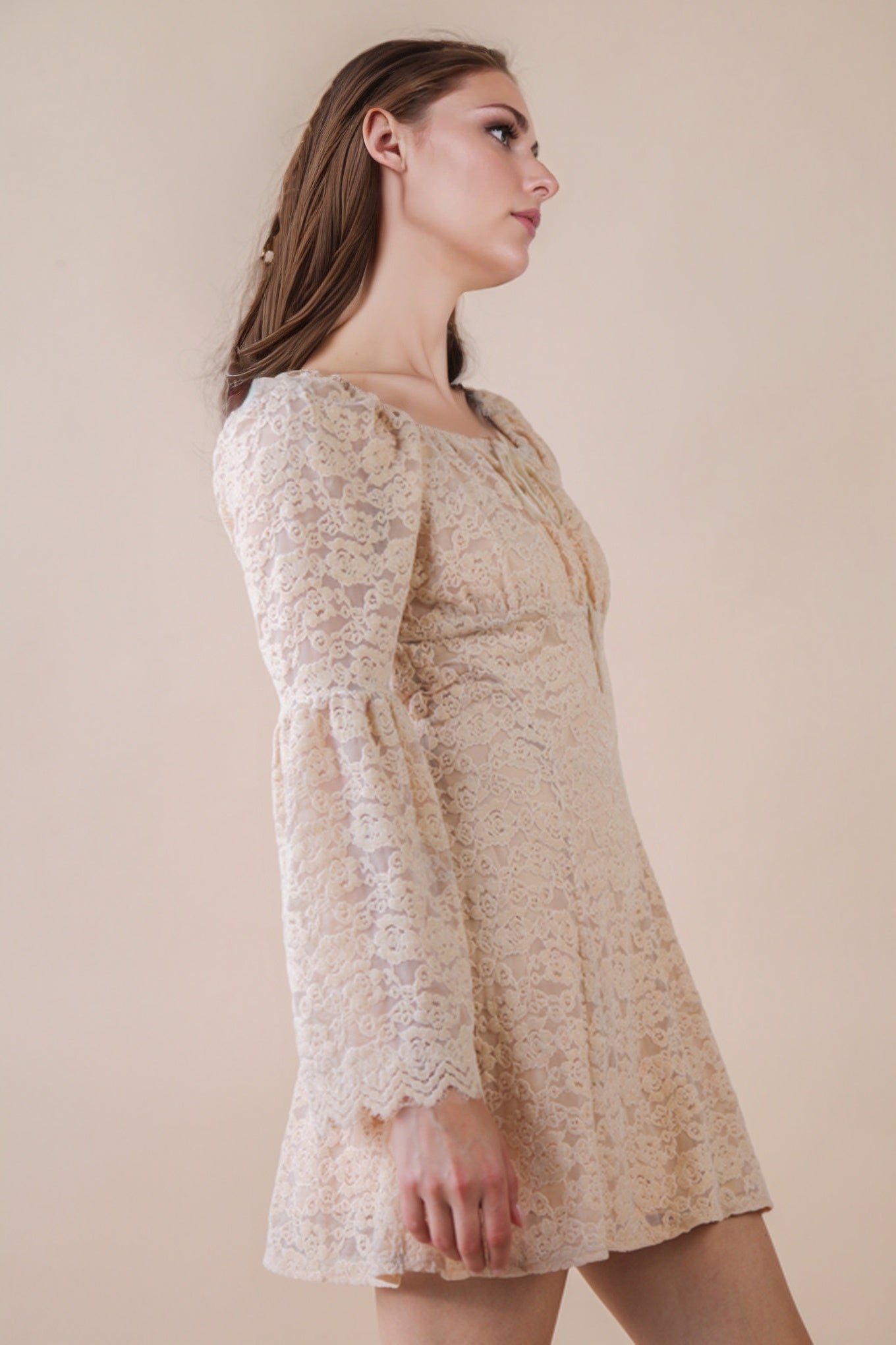Textured Lace Bell Sleeve Mini Dress