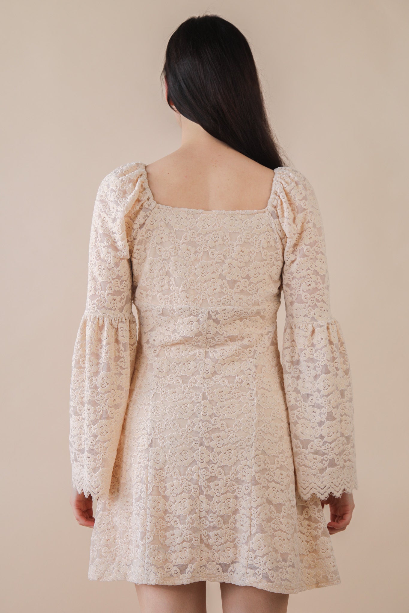 Textured Lace Bell Sleeve Mini Dress