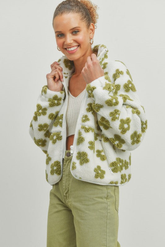 Soft fleece floral sherpa jacket for women