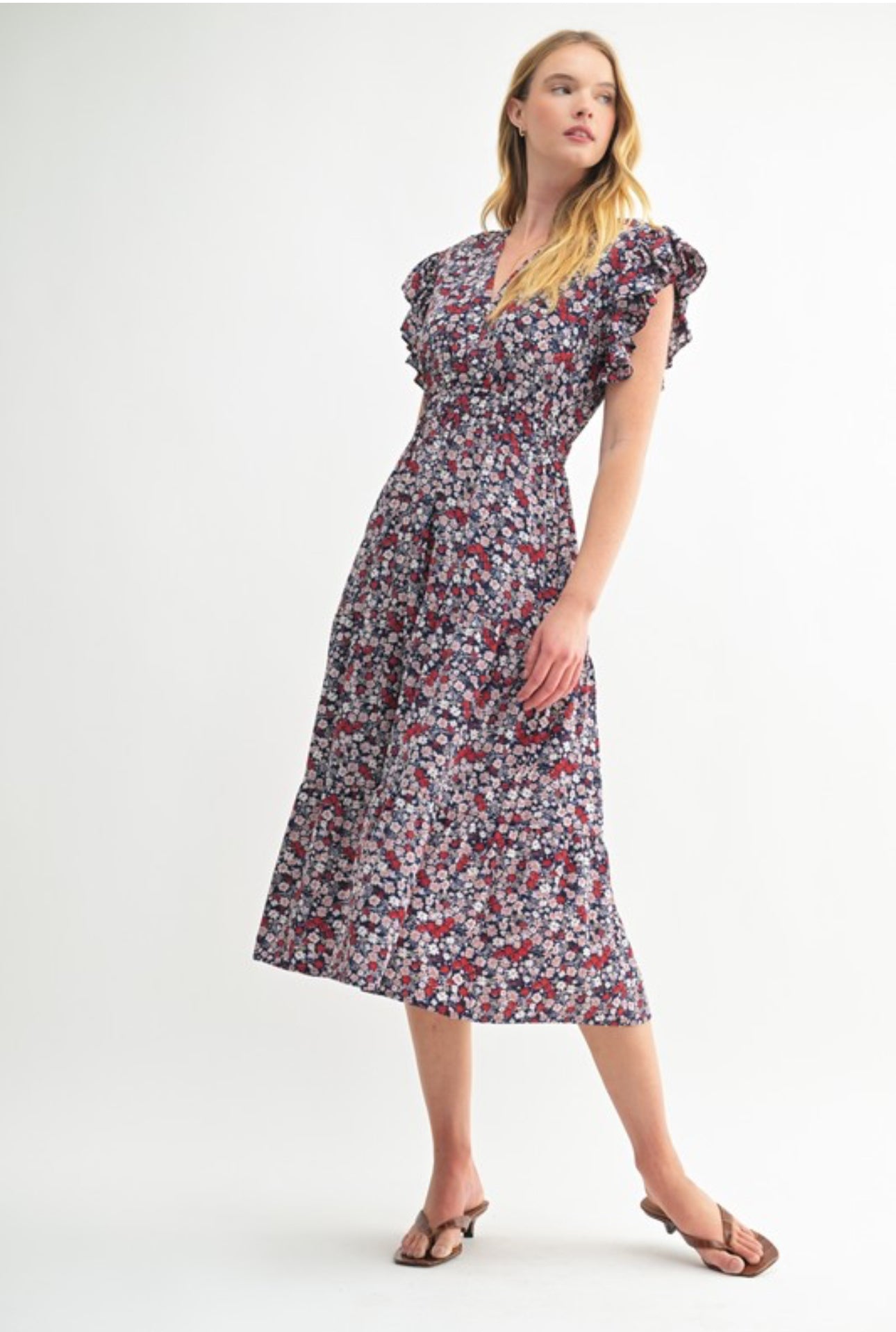 Ditsy Floral Midi Tiered Dress with Flutter Sleeve