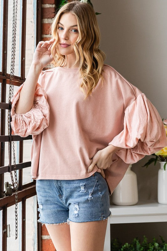Washed Bubble Sleeve Knit Top