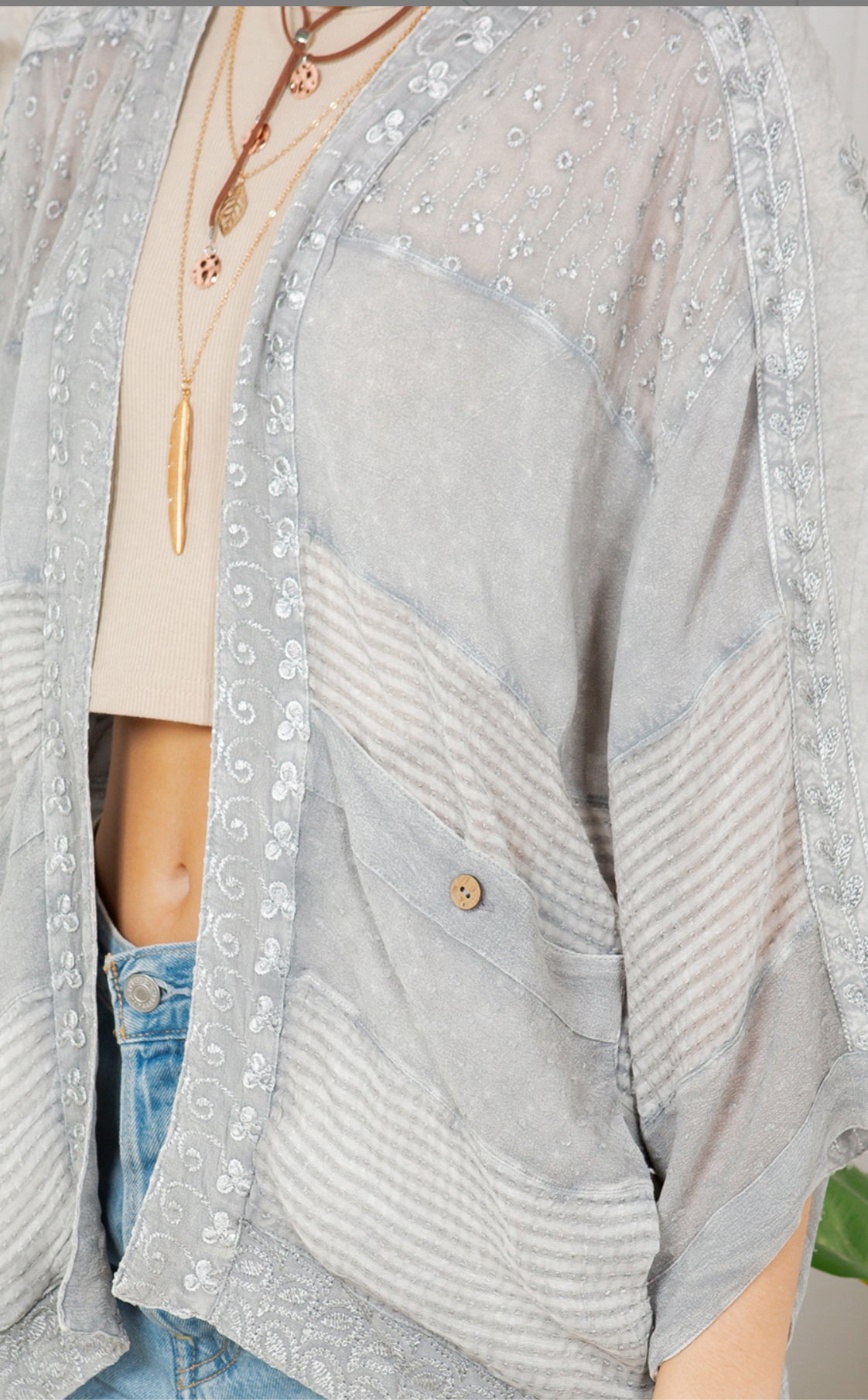 Boho Patchwork Embroidered Kimono – Grey