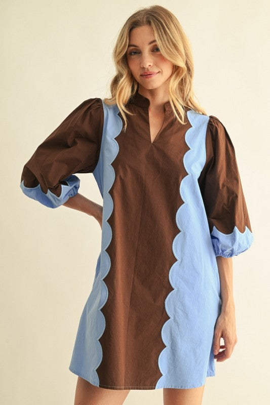 Mocha & Sky Scalloped Dress