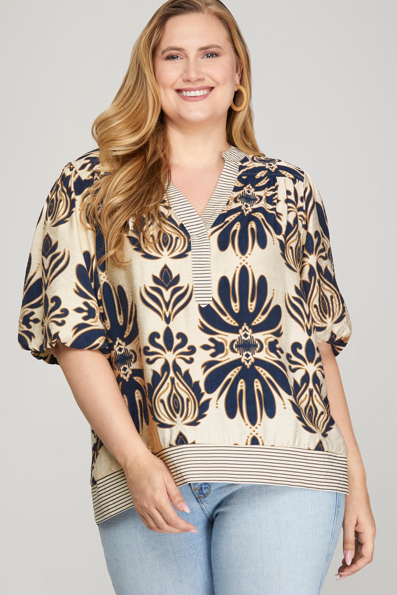 Bubble Sleeve Printed Woven Top