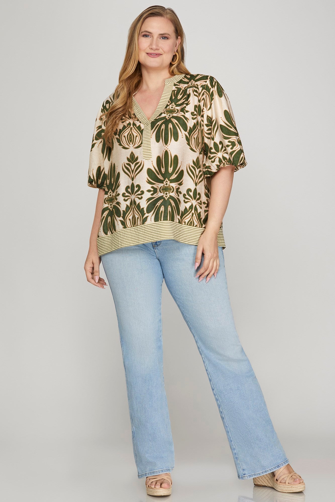 Bubble Sleeve Printed Woven Top