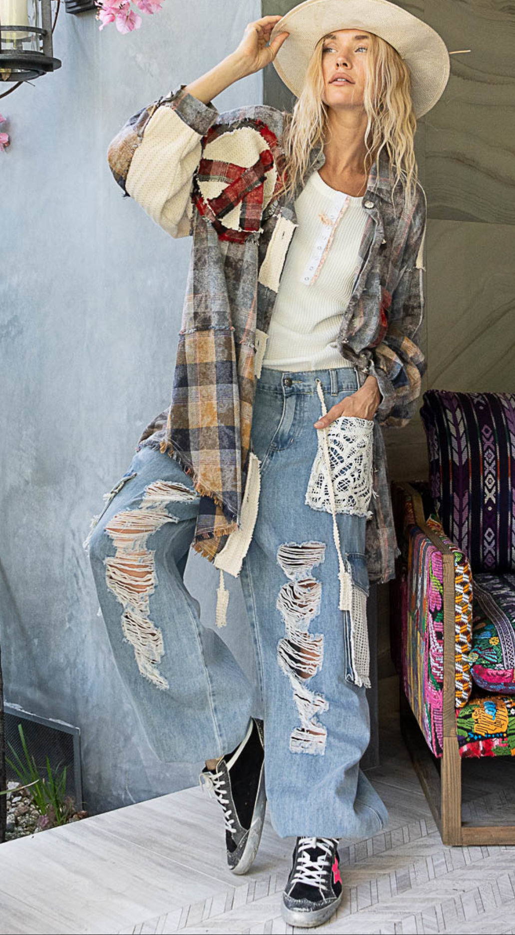 Color Block Plaid Peace Patch Shirt