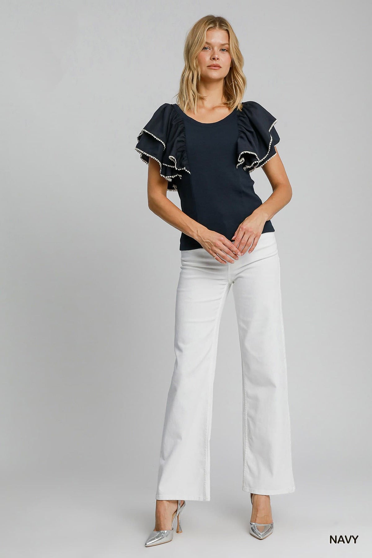 Umgee Ruffle Sleeved Rib Knit Top