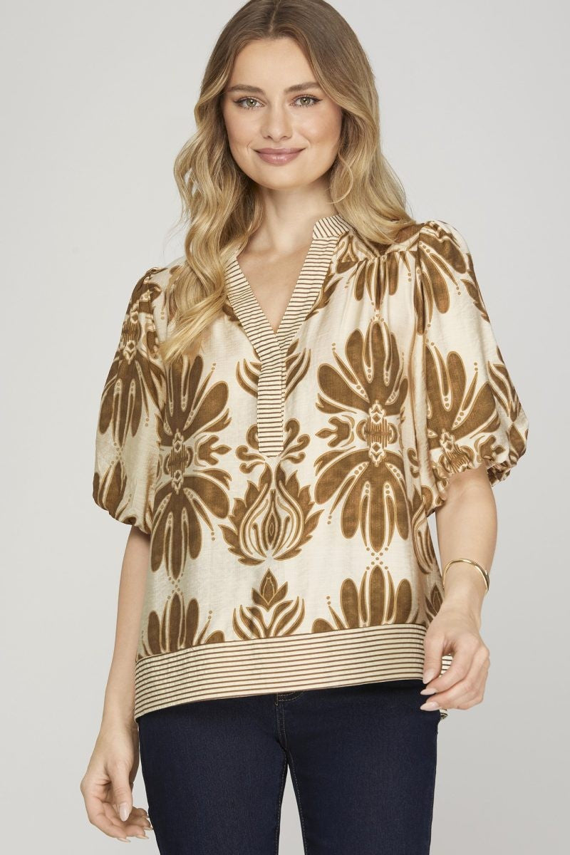 Bubble Sleeve Printed Woven Top