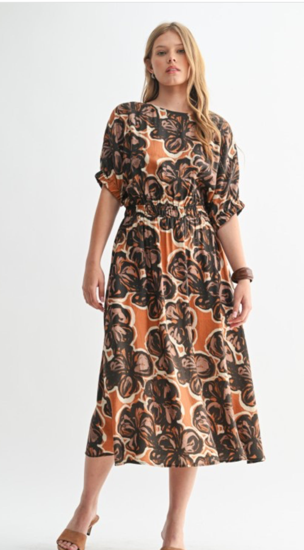 Rust & Brown Flower Print Fall Dress
