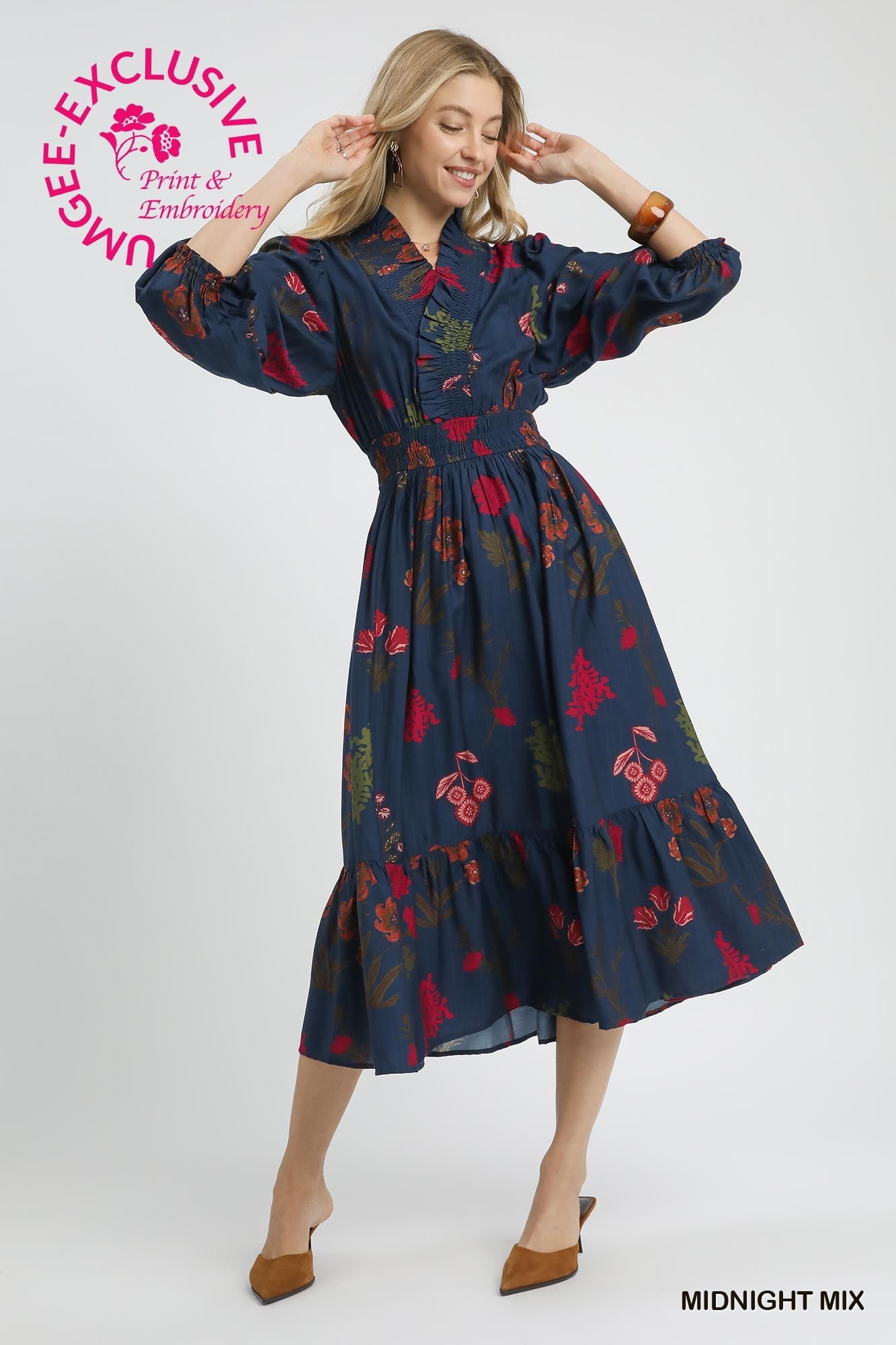 Flower Print Long Sleeve Smocked Ruffle Dress