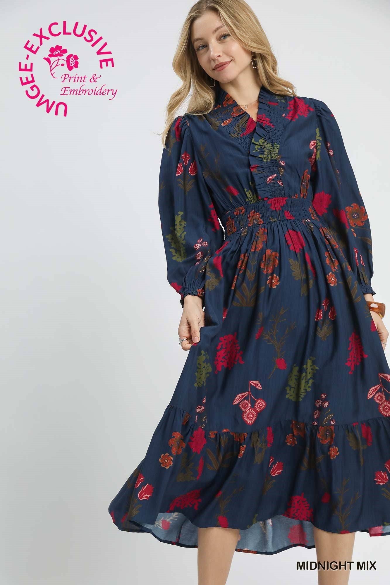 Flower Print Long Sleeve Smocked Ruffle Dress