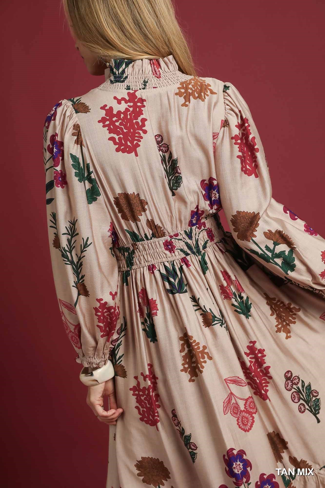 Flower Print Long Sleeve Smocked Ruffle Dress