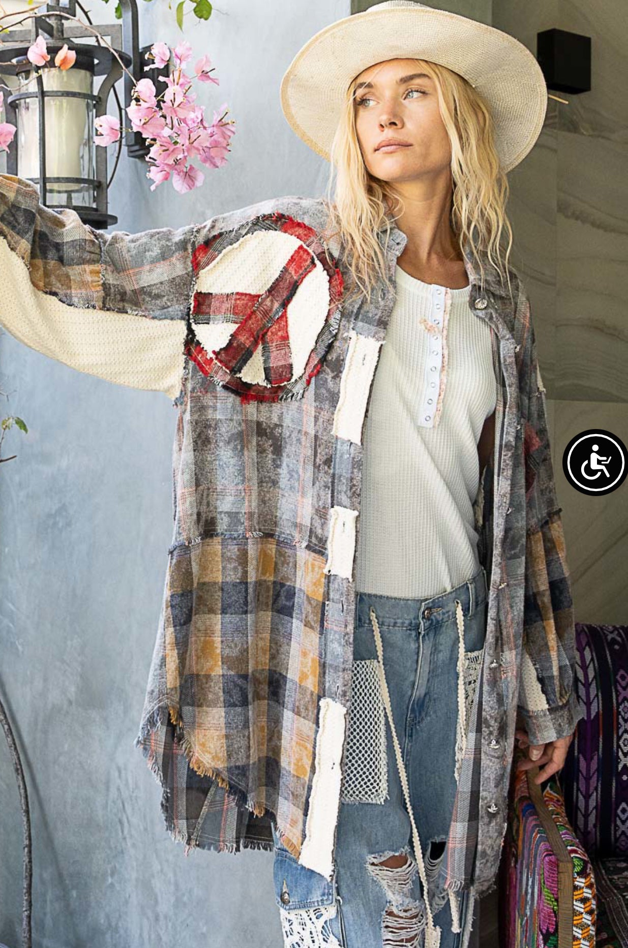 Color Block Plaid Peace Patch Shirt