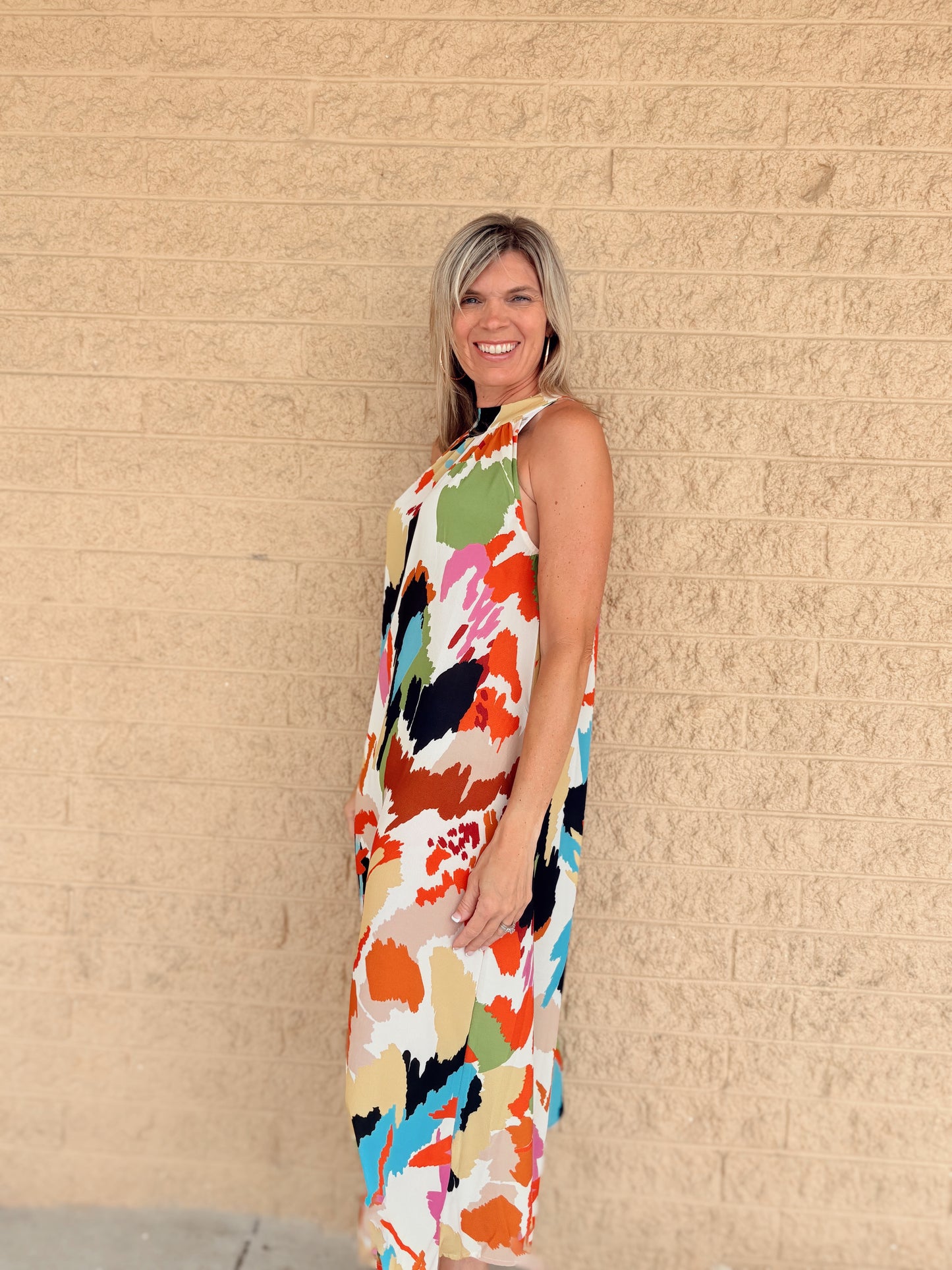 Latanya- Shonnon Passero Splash Print Flowy Bubble Crepe Halter Maxi Dress